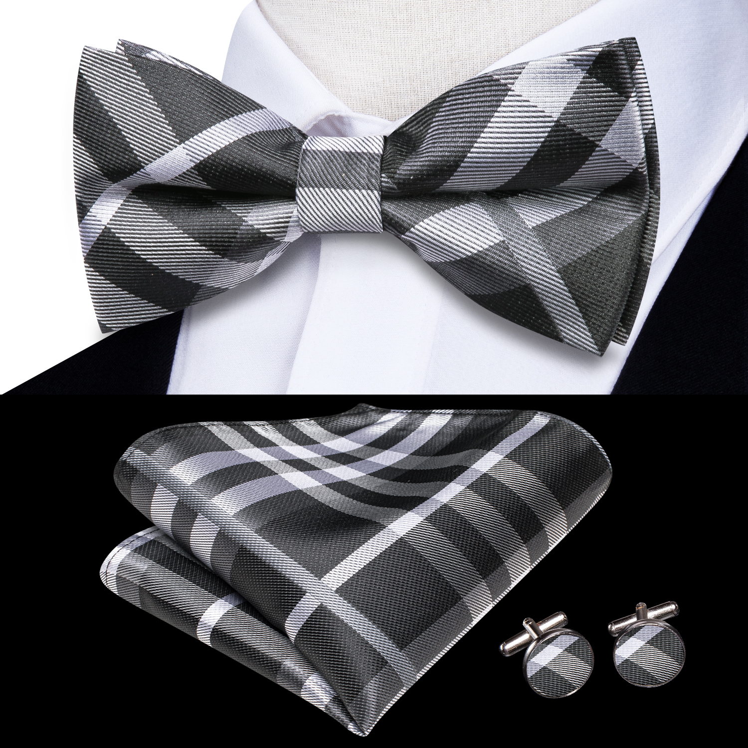 Hi-Tie Grey Plaid Jacquard Sil - Bow Tie Pre Tied recensione e prezzo
